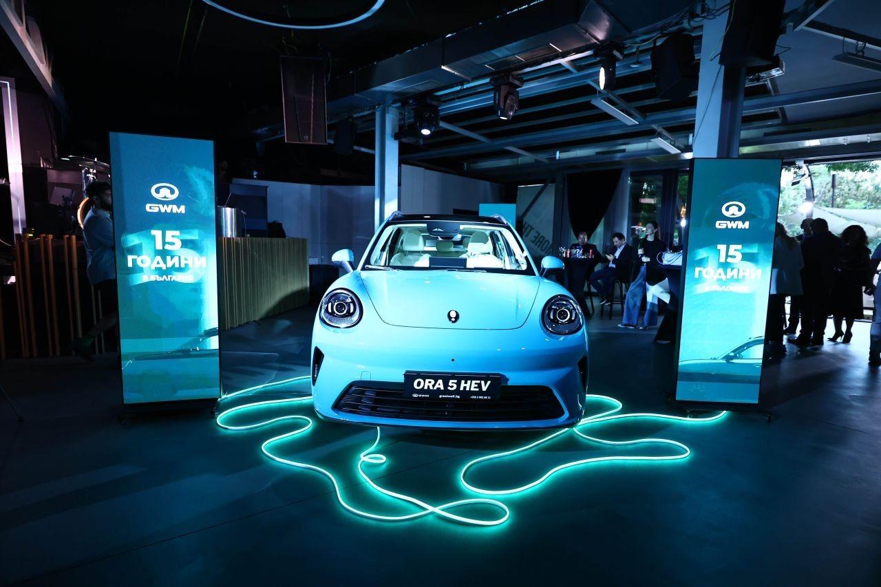 LED posters at the GWM ORA 5 launch with neon floor lighting